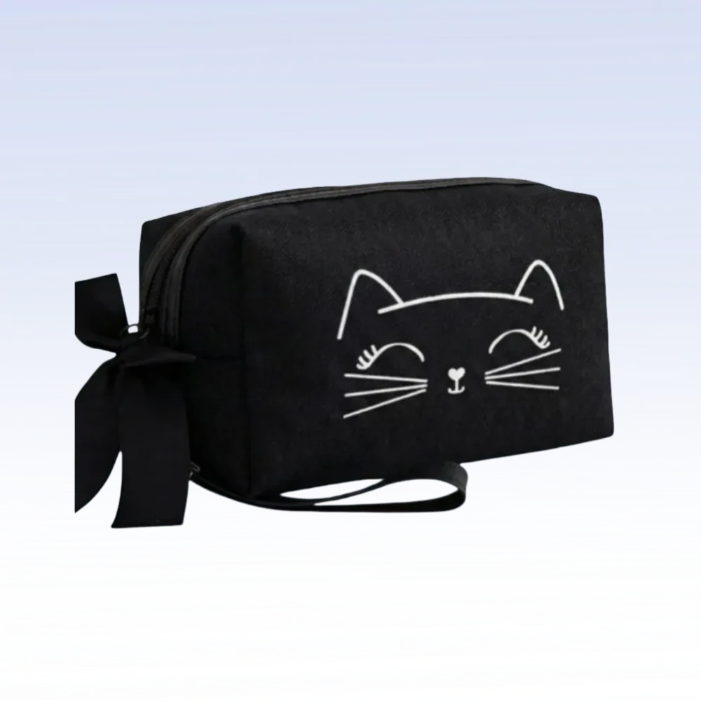 Косметичка маленькая женская тканевая с котиком и бантом